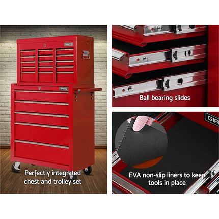 Giantz 14 Drawer Tool Box Cabinet Chest Mechanic Garage Storage Trolley Red.