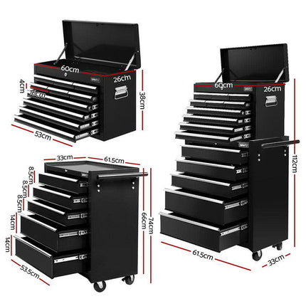 Giantz 15 Drawers Tool Chest Trolley Toolbox 2-in-1 Storage Black.