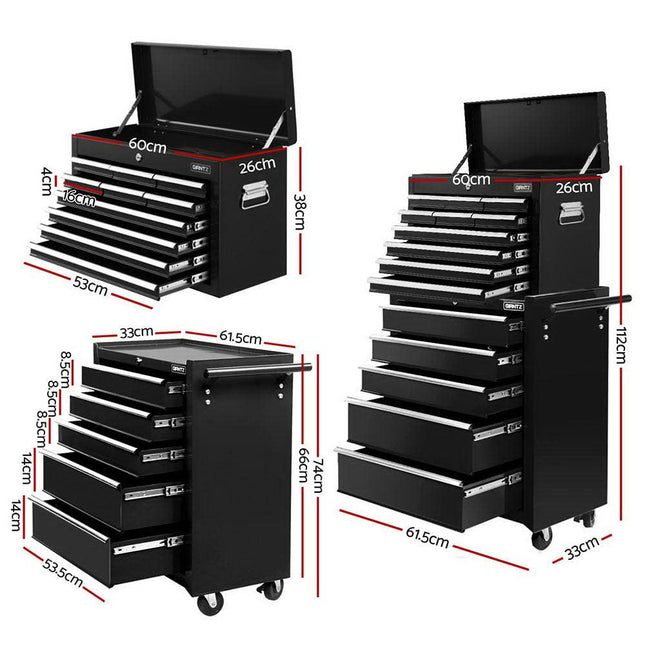 Giantz 15 Drawers Tool Chest Trolley Toolbox 2-in-1 Storage Black.