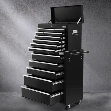 Giantz 15 Drawers Tool Chest Trolley Toolbox 2-in-1 Storage Black.