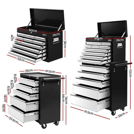 Giantz 15 Drawers Tool Chest Trolley Toolbox 2-in-1 Storage Black& Grey.