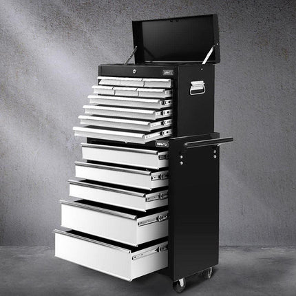 Giantz 15 Drawers Tool Chest Trolley Toolbox 2-in-1 Storage Black& Grey.
