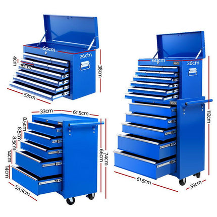 Giantz 15 Drawers Tool Chest Trolley Toolbox 2-in-1 Storage Blue.