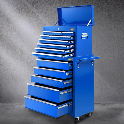 Giantz 15 Drawers Tool Chest Trolley Toolbox 2-in-1 Storage Blue.