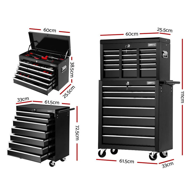Giantz 16 Drawer Tool Box Cabinet Chest Trolley Toolbox Garage Storage Black.