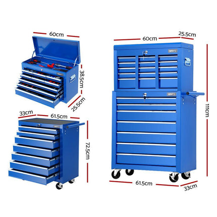Giantz Tool Chest and Trolley Box Cabinet 16 Drawers Cart Garage Storage Blue.