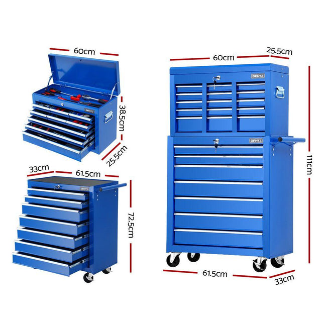 Giantz Tool Chest and Trolley Box Cabinet 16 Drawers Cart Garage Storage Blue.