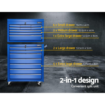 Giantz Tool Chest and Trolley Box Cabinet 16 Drawers Cart Garage Storage Blue.