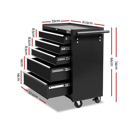 Giantz 5 Drawer Tool Box Cabinet Chest Trolley Box Garage Storage Toolbox Black.