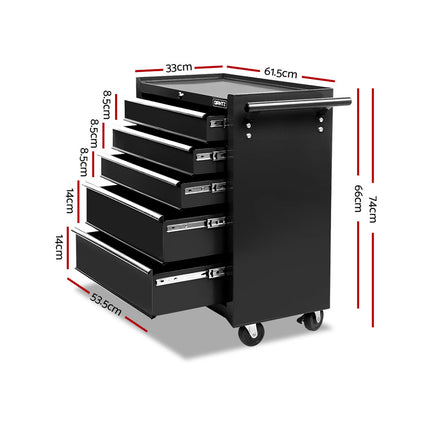 Giantz 5 Drawer Tool Box Cabinet Chest Trolley Box Garage Storage Toolbox Black.