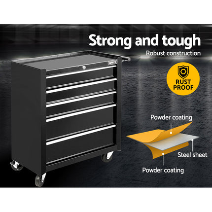 Giantz 5 Drawer Tool Box Cabinet Chest Trolley Box Garage Storage Toolbox Black.