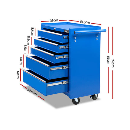Giantz 5 Drawer Tool Box Cabinet Chest Trolley Box Garage Storage Toolbox Blue.