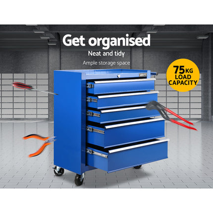 Giantz 5 Drawer Tool Box Cabinet Chest Trolley Box Garage Storage Toolbox Blue.