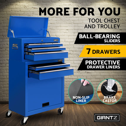 Giantz 7 Drawer Tool Box Cabinet Chest Trolley Toolbox Garage Storage Blue.