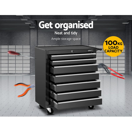 Giantz 7 Drawer Tool Box Cabinet Chest Trolley Storage Garage Toolbox Black.