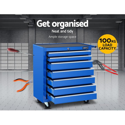 Giantz 7 Drawer Tool Box Cabinet Chest Trolley Storage Garage Toolbox Blue.