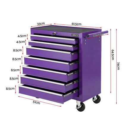 Giantz 7-Drawer Tool Chest Trolley Cabinet Toolbox Heavy Duty Garage Storage Organiser Purple