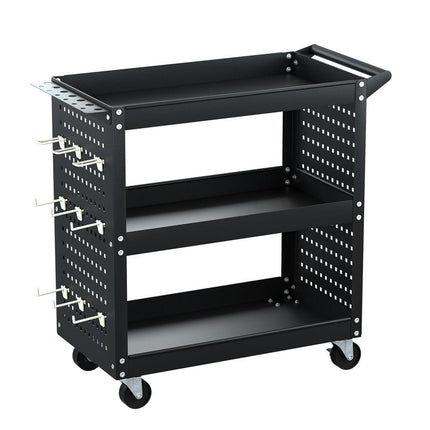 Giantz 3-Tier Tool Cart Storage Trolley Workshop Garage Pegboard Hooks Black.