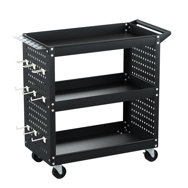 Giantz 3-Tier Tool Cart Storage Trolley Workshop Garage Pegboard Hooks Black.