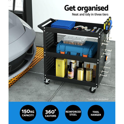 Giantz 3-Tier Tool Cart Storage Trolley Workshop Garage Pegboard Hooks Black.