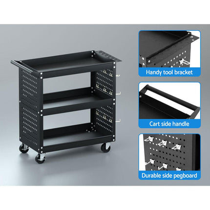Giantz 3-Tier Tool Cart Storage Trolley Workshop Garage Pegboard Hooks Black.
