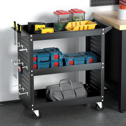 Giantz 3-Tier Tool Cart Storage Trolley Workshop Garage Pegboard Hooks Black.