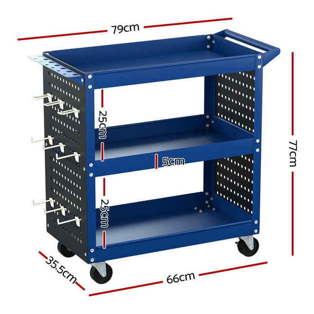 Giantz 3-Tier Tool Cart Storage Trolley Workshop Garage Pegboard Hooks Blue.