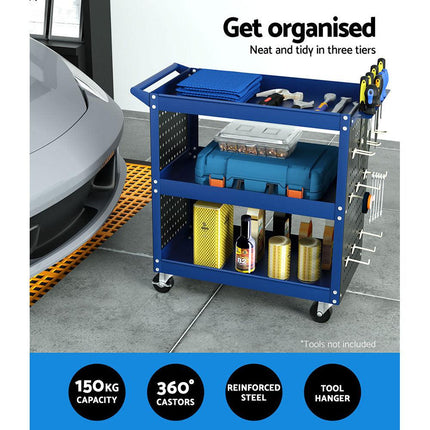 Giantz 3-Tier Tool Cart Storage Trolley Workshop Garage Pegboard Hooks Blue.