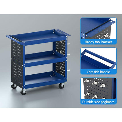 Giantz 3-Tier Tool Cart Storage Trolley Workshop Garage Pegboard Hooks Blue.