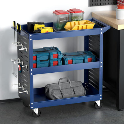 Giantz 3-Tier Tool Cart Storage Trolley Workshop Garage Pegboard Hooks Blue.