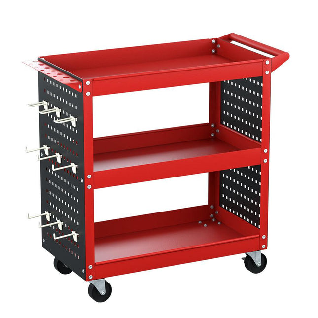 Giantz 3-Tier Tool Cart Storage Trolley Workshop Garage Pegboard Hooks Red.
