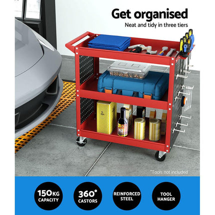 Giantz 3-Tier Tool Cart Storage Trolley Workshop Garage Pegboard Hooks Red.