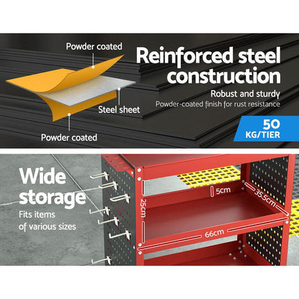 Giantz 3-Tier Tool Cart Storage Trolley Workshop Garage Pegboard Hooks Red.