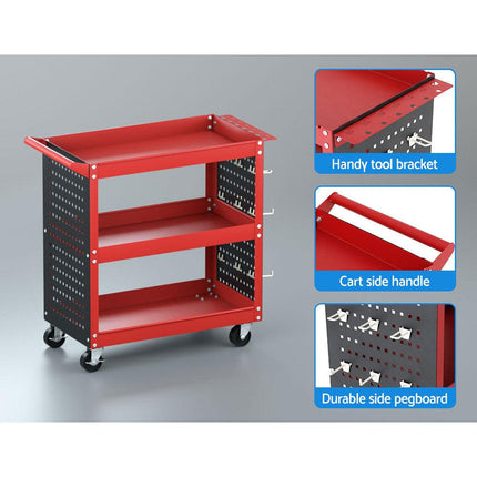 Giantz 3-Tier Tool Cart Storage Trolley Workshop Garage Pegboard Hooks Red.