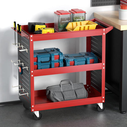 Giantz 3-Tier Tool Cart Storage Trolley Workshop Garage Pegboard Hooks Red.