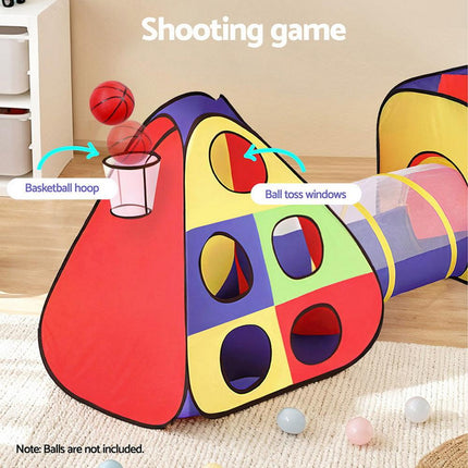 Keezi Kids Play Tent Pop Up Teepee Playhouse Ball Pit Crawl Tunnel Basketball Hoop.