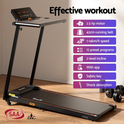 Everfit Treadmill Electric Walking Pad Foldable Incline for Home Office Gym Black.