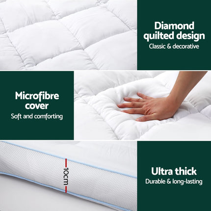 Giselle Bedding 1500GSM Bamboo Pillowtop Mattress Topper 10cm Thick Pad for Back Pain Relief, High Loft Cooling Underlay for Dorm & Guest Bed, 45cm Deep Pocket Double.