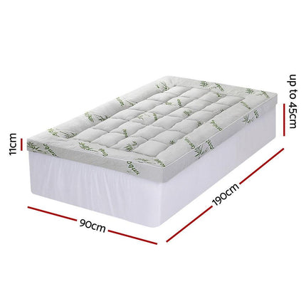 Giselle Bedding 1500GSM Pillowtop Mattress Topper Bamboo Mattress Pad for Back Pain Relief Washable 11cm Thick Bed Cover with 45cm Deep Pocket Single.