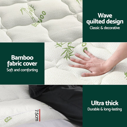 Giselle Bedding Pillowtop Mattress Topper 7.5cm Thick Bamboo Pad for Back Pain Relief Washable Skin-friendly Bed Protector with 45cm Deep Pocket Queen.
