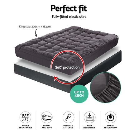 Giselle Bedding Bamboo Charcoal Filling Pillowtop Topper 1000GSM 5cm Thick Pillowtop Pad for Back Pain Relief Washable with 45cm Deep Pocket King.