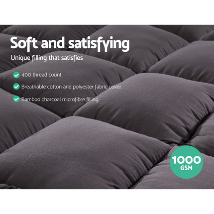 Giselle Bedding Bamboo Charcoal Filling Pillowtop Topper 1000GSM 5cm Thick Pillowtop Pad for Back Pain Relief Washable with 45cm Deep Pocket King.