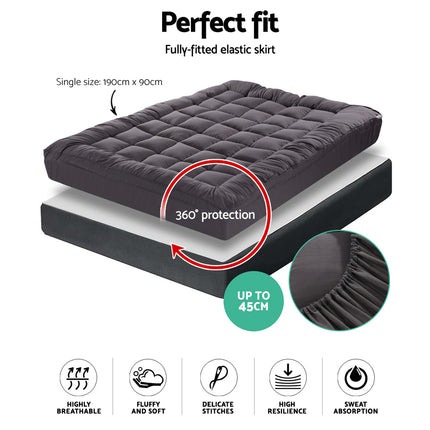 Giselle Bedding Bamboo Charcoal Filling Pillowtop Topper 1000GSM 5cm Thick Pillowtop Pad for Back Pain Relief Washable with 45cm Deep Pocket Single.
