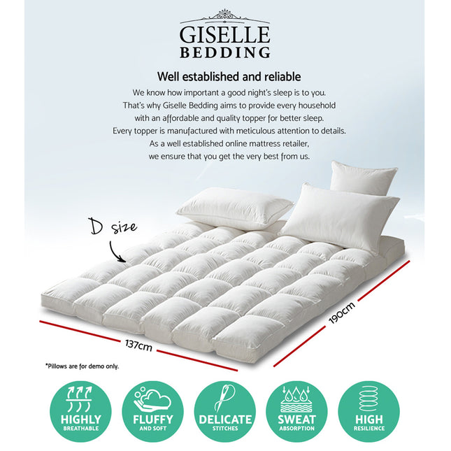 Giselle Bedding Pillowtop Mattress Topper 5cm Thick Pad for Back Pain Relief Washable Underlay Protector 1000GSM Microfibre Filling 45cm Deep Pocket Double.