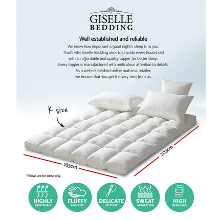 Giselle Bedding Pillowtop Mattress Topper 5cm Thick Pad for Back Pain Relief Washable Underlay Protector 1000GSM Microfibre Filling 45cm Deep Pocket King.