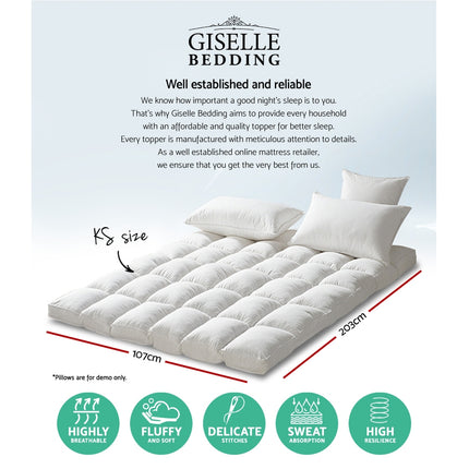 Giselle Bedding Pillowtop Mattress Topper 5cm Thick Pad for Back Pain Relief Washable Underlay Protector 1000GSM Microfibre Filling 45cm Deep Pocket King Single.