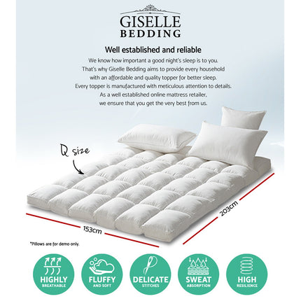 Giselle Bedding Pillowtop Mattress Topper 5cm Thick Pad for Back Pain Relief Washable Underlay Protector 1000GSM Microfibre Filling 45cm Deep Pocket Queen.