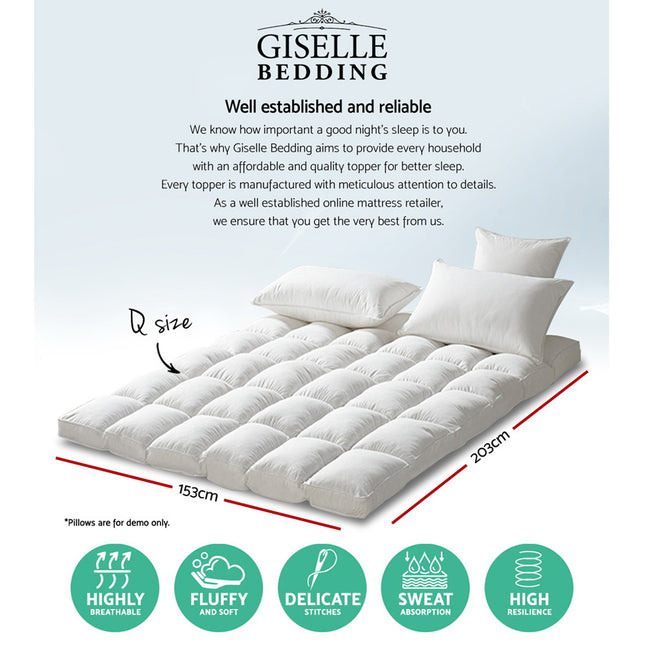 Giselle Bedding Pillowtop Mattress Topper 5cm Thick Pad for Back Pain Relief Washable Underlay Protector 1000GSM Microfibre Filling 45cm Deep Pocket Queen.