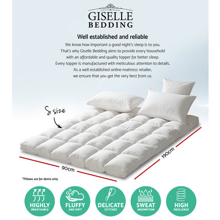 Giselle Bedding Pillowtop Mattress Topper 5cm Thick Pad for Back Pain Relief Washable Underlay Protector 1000GSM Microfibre Filling 45cm Deep Pocket Single.