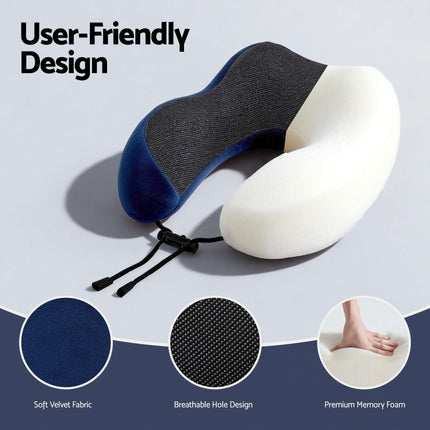 Wanderlite Travel Pillow for Airplanes Memory Foam Neck Pillows for Traveling, Soft & Washable Cover with Storage Bag, Portable Plane Accessories for Airplanes Offices Cars, Blue.